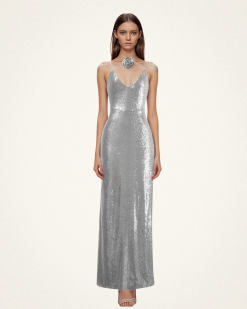 Alternative view of Heisey Silver Sequinned Rosette Maxi Dress - Silver