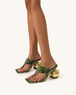 Alternative view of Naomi Snakeskin Heeled Flip Flops - Green