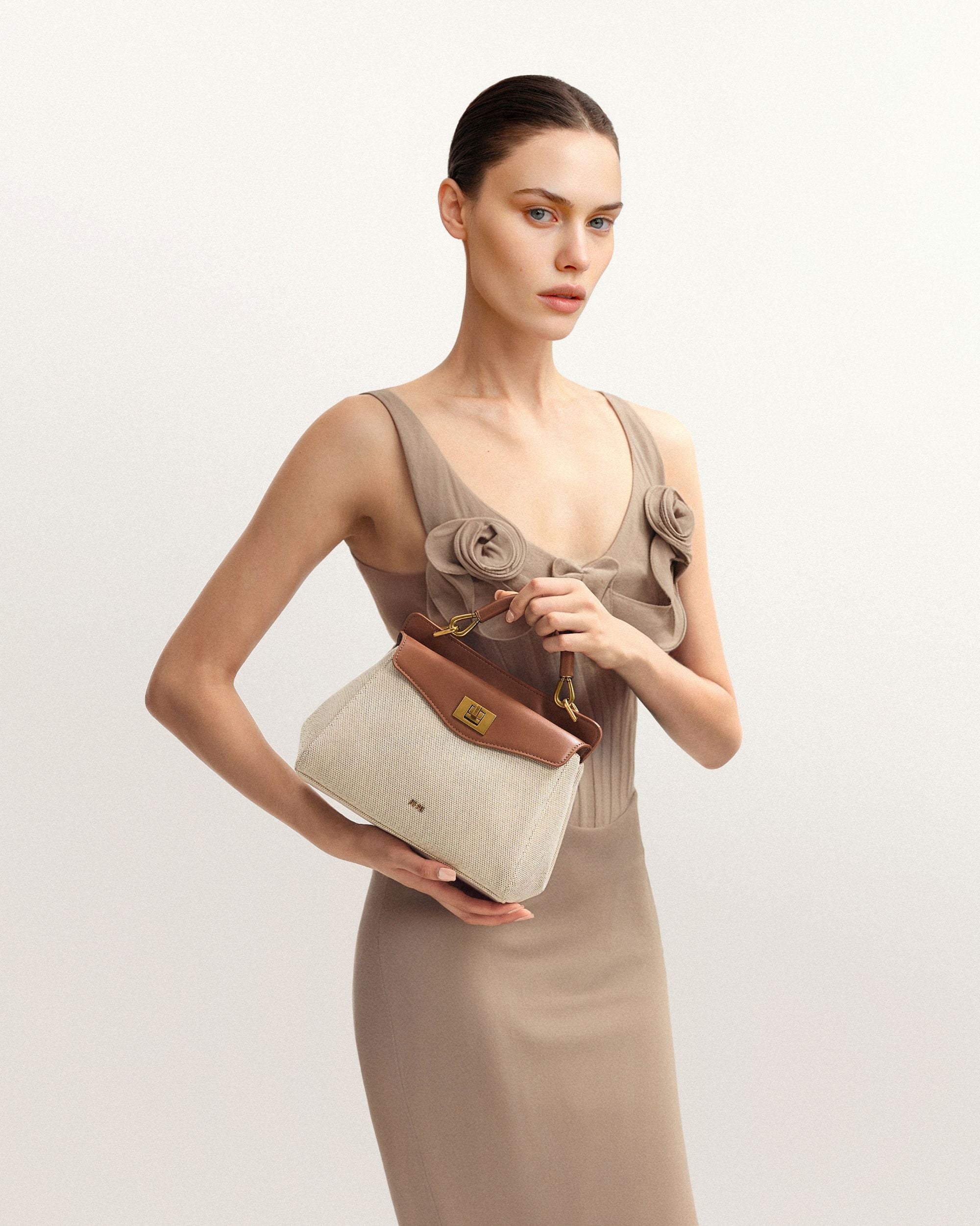 Lucia Classic Top Handbag - Brown Canvas - Image 2