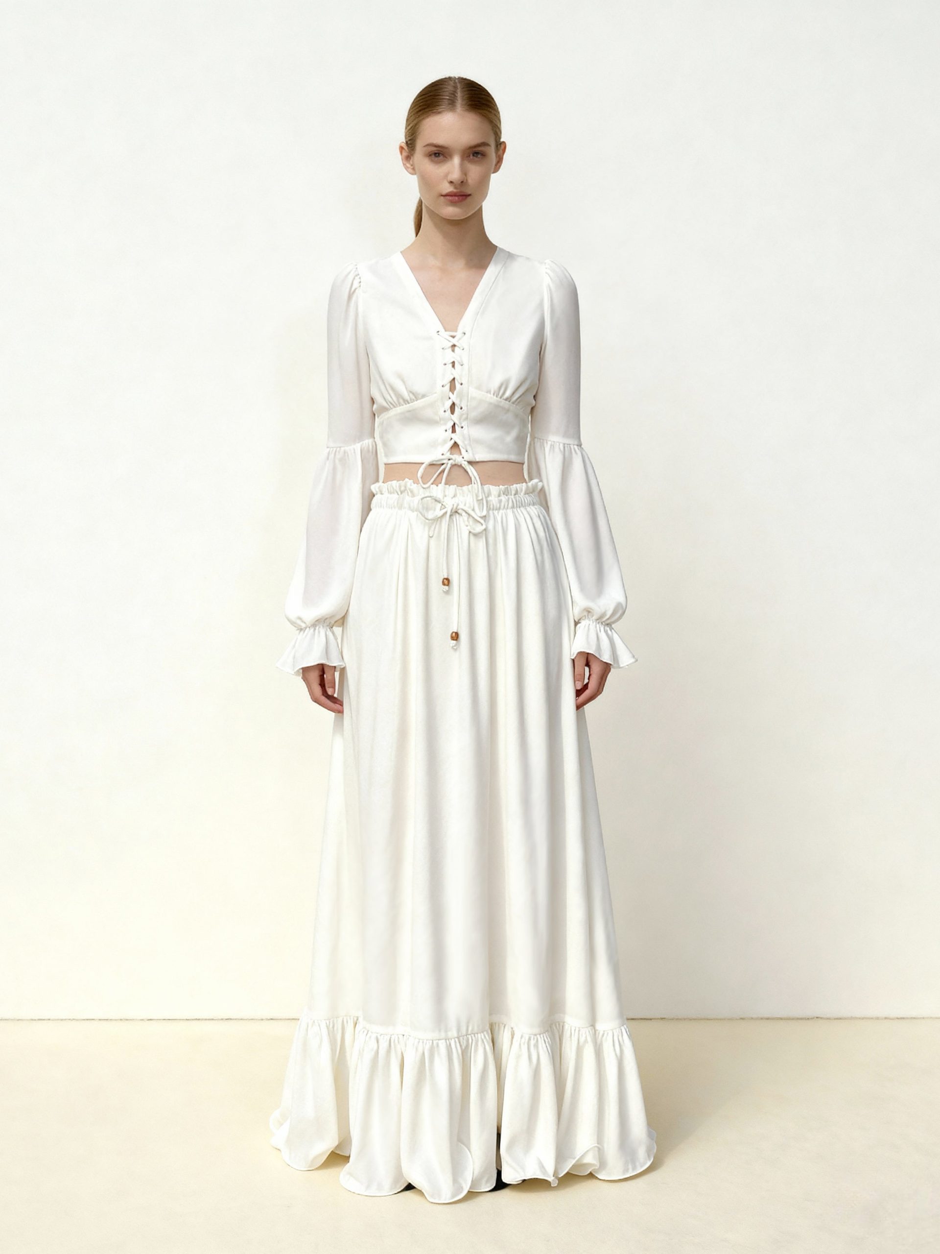 Drawstring Chiffon Maxi Skirt - White - Image 2