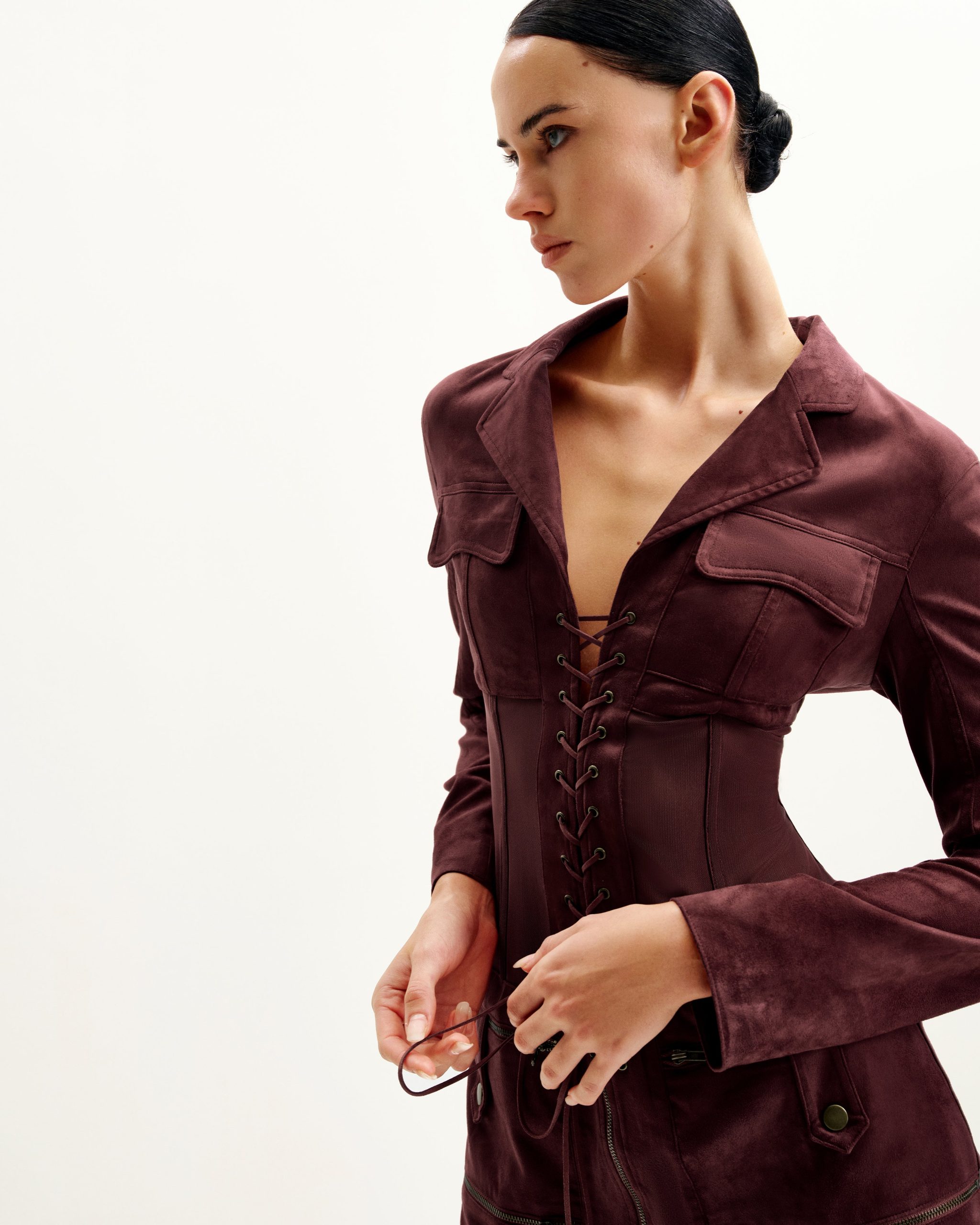 Faux Suede Corset Jacket Mini Dress - Claret - Image 4