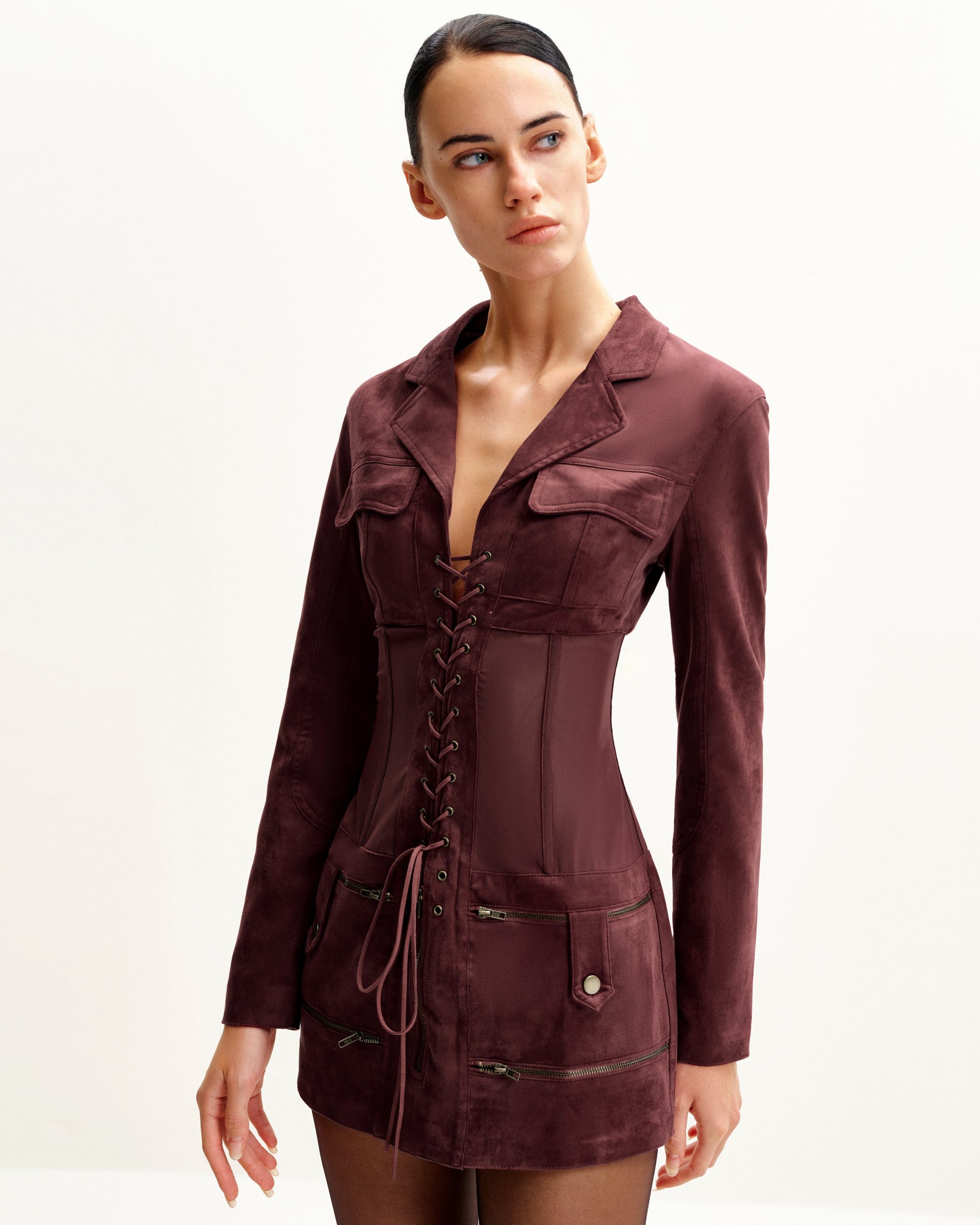 Faux Suede Corset Jacket Mini Dress - Claret - Image 3