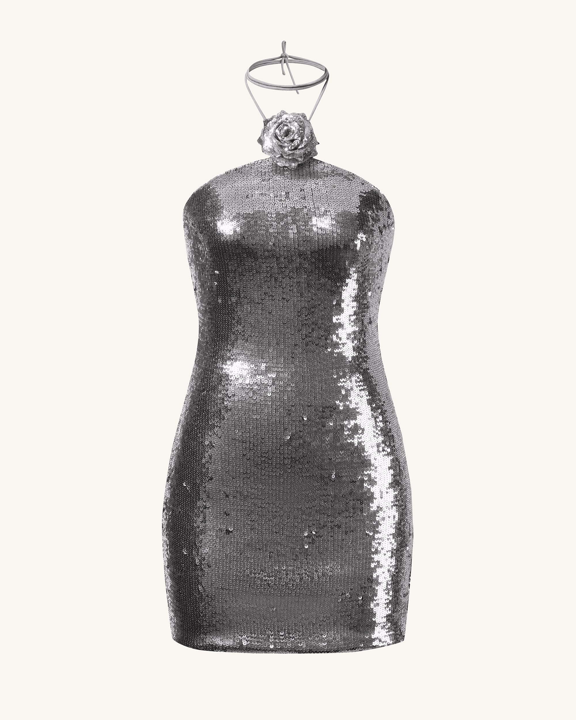 Burgundy Silver Sequinned Halter Mini Dress - Silver - Image 4