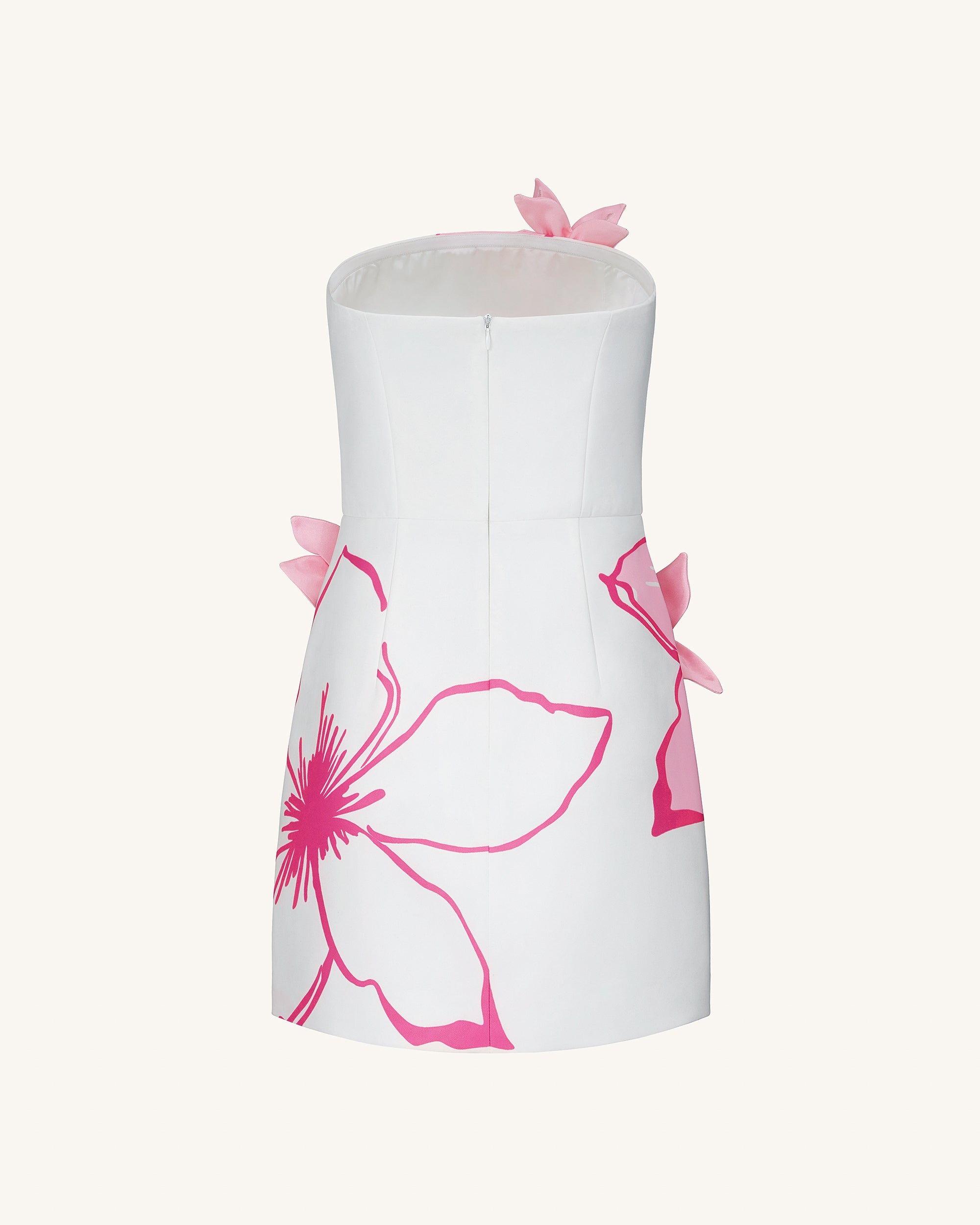 Mini Dress with Pink Floral Appliqués - White/Pink - Image 4