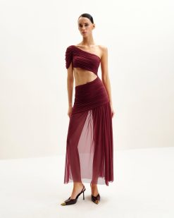 Mia Pleated Mesh Dress - Burgundy