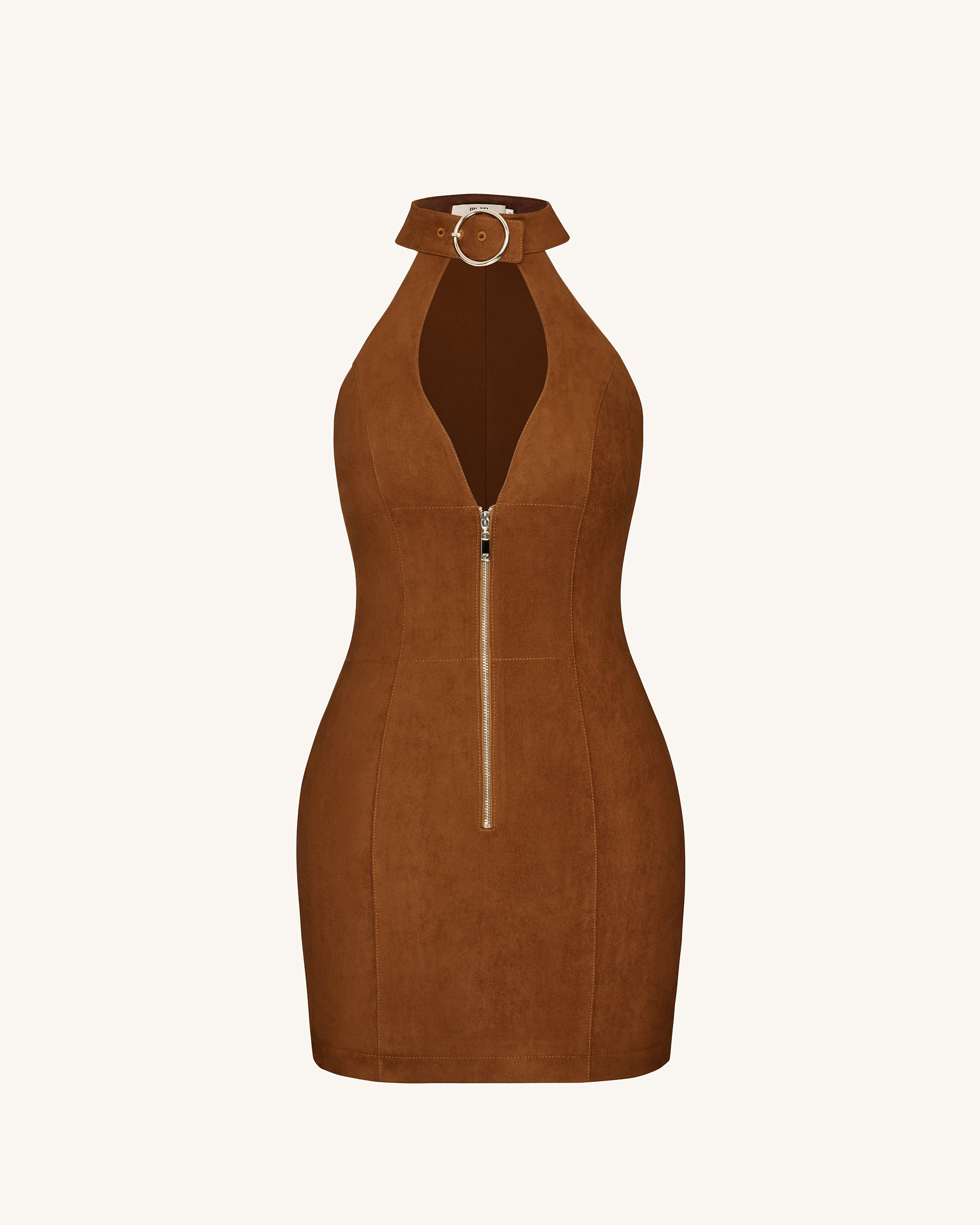Ruby Halter Neck Zipper Mini Dress - Brown - Image 3