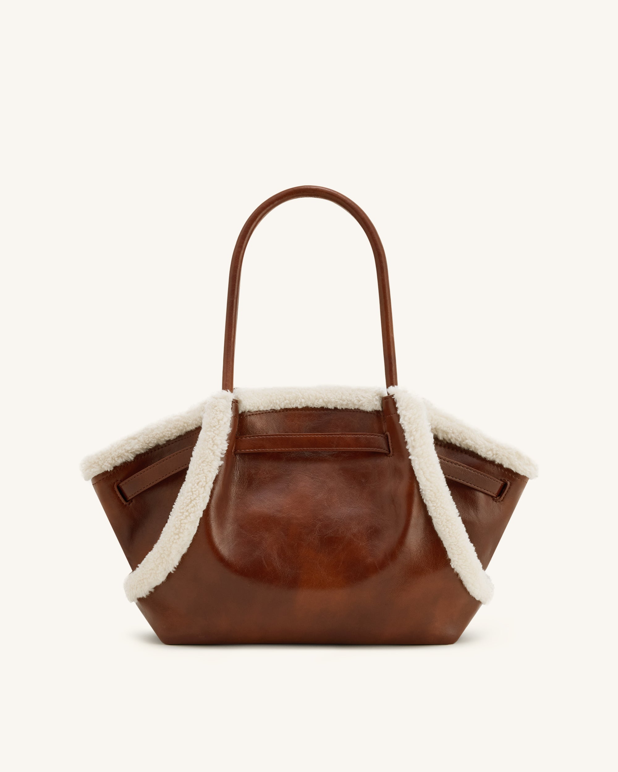 Hana Medium Faux Shearling Trim Tote Bag - Brown - Image 4