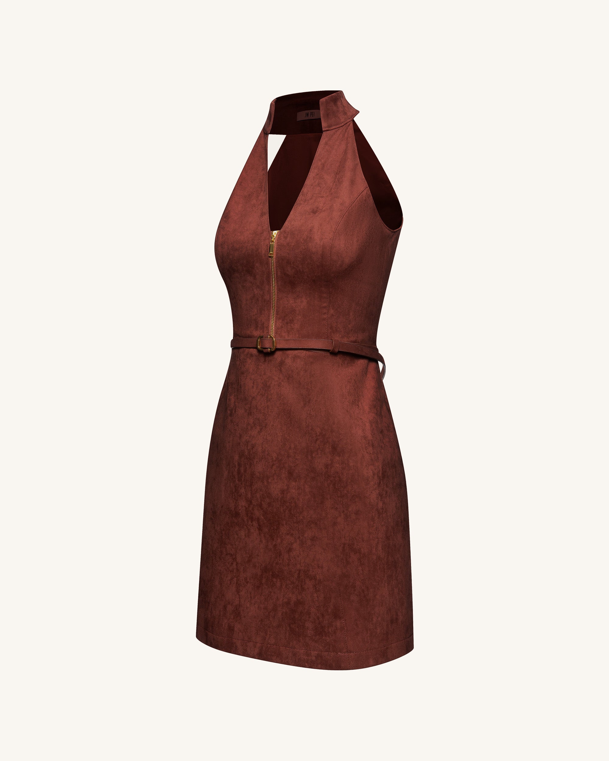 Faux Suede Halter Neck Zip-Front Mini Dress - Burgundy - Image 4