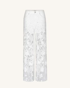 Alternative view of Embroidery High Rise Wide Leg Lace Denim Jeans With Rhinestone - White