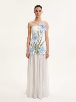 Floral Print Strapless Mixed Maxi Dress - Ivory
