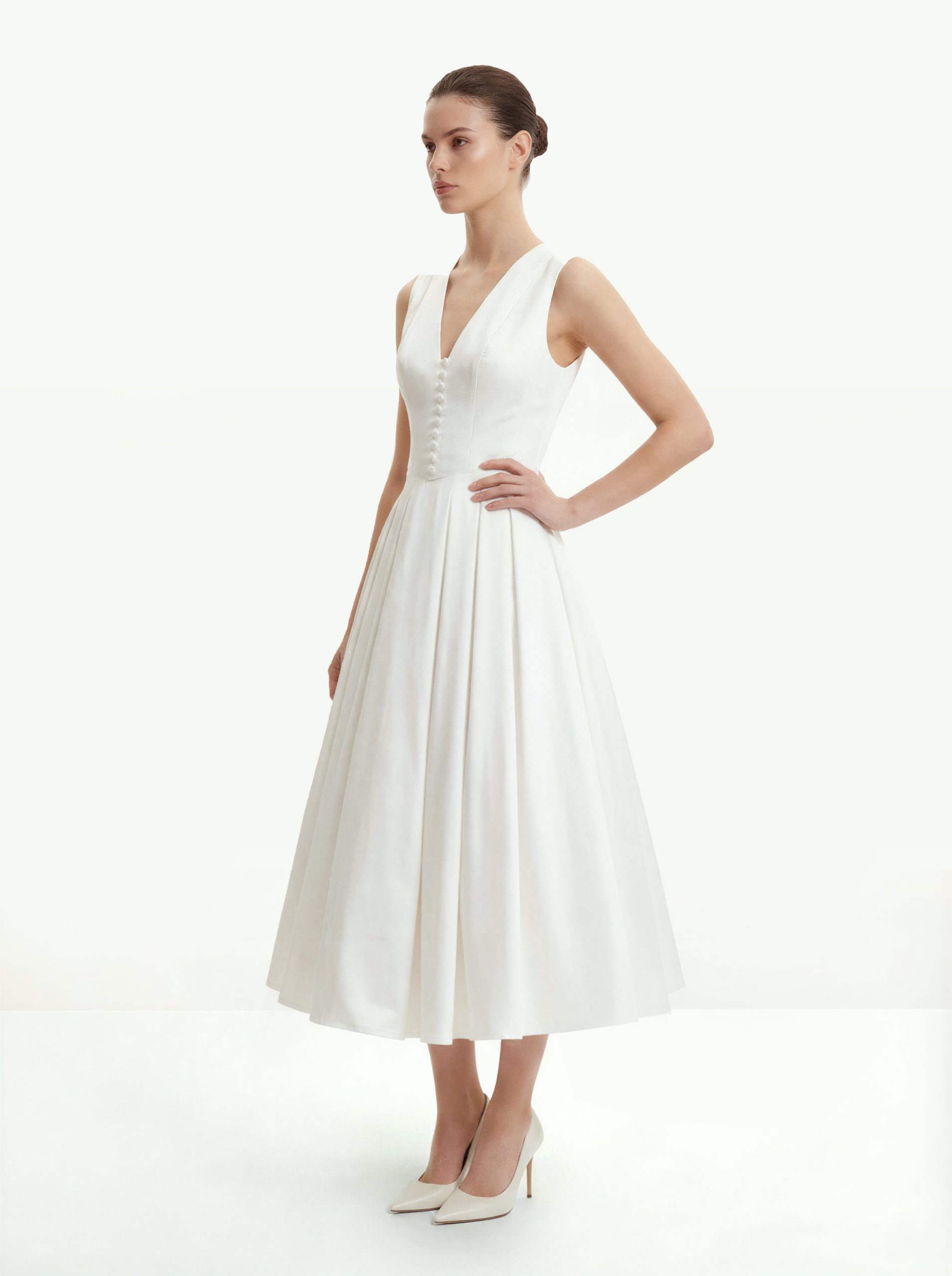 Front V-Neck Pleated Midi Dress - White - Image 2