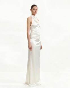 Alternative view of Satin Cowl Neck Ruched Maxi Gown - White