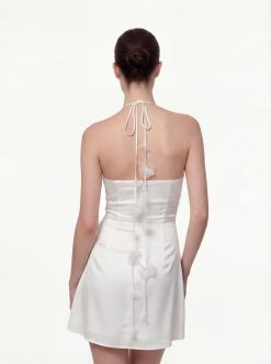 Floral Ruched Halter Mini Dress - White