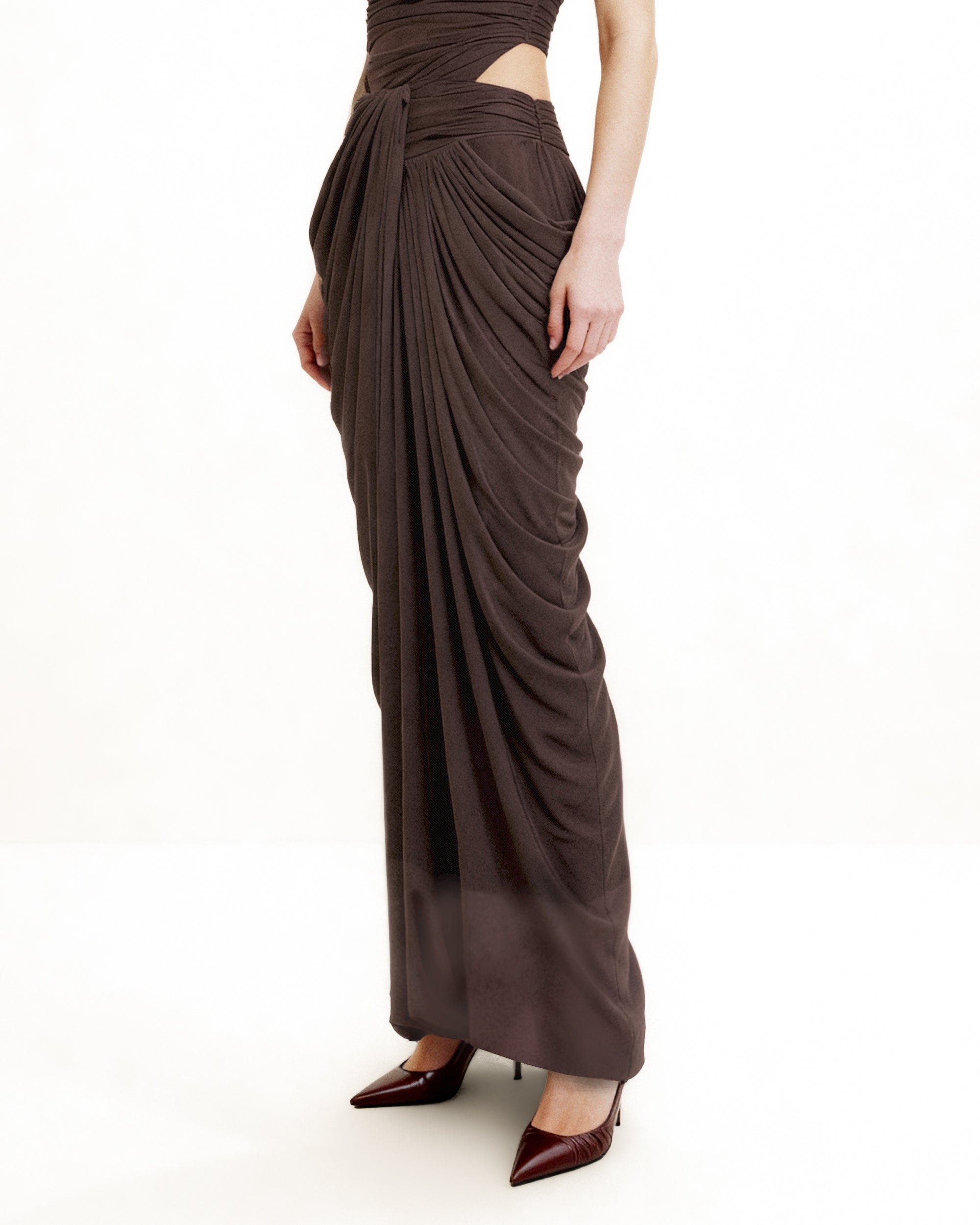 Draped Twist-Front Maxi Skirt - Brown - Image 3
