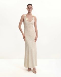 Textured Knit Halter Maxi Dress - Cream