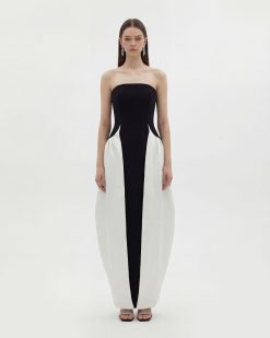 Monochrome Paneled Strapless Sculptural Maxi Dress - Black