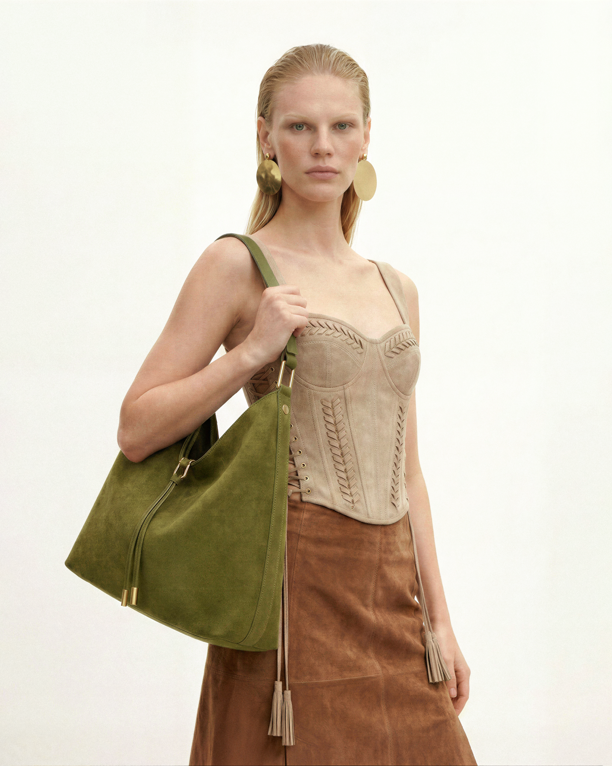 Aria Faux Suede Shoulder Bag - Dark Olive - Image 2