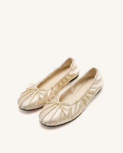 Solenne Ruched Drawstring Satin Ballet Flats - Beige
