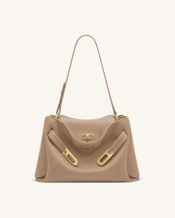 Rhea Pebbled Double Buckle Shoulder Bag - Khaki