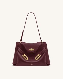 Rhea Pebbled Double Buckle Shoulder Bag - Dark Burgundy
