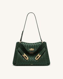 Rhea Woven Texture Double Buckle Shoulder Bag - Teal
