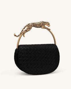Alternative view of Ione Leopard Shaped Hardware Handle Woven Top Handle Bag - Black