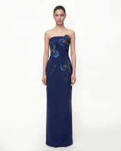 Iris Embroidered Strapless Maxi Dress - Navy Blue