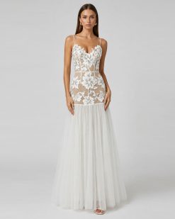 Floral Appliqué Sheer Tulle Maxi Dress - White