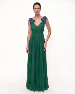 Iris Embroidered Pleated V-Neck Maxi Dress - Emerald Green