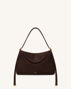 Elowen Faux Suede Flap Shoulder Bag - Dark Brown