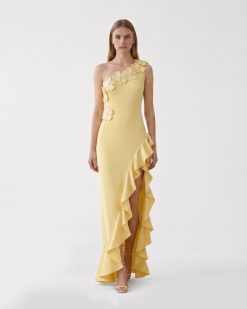 Floral Appliqué One Shoulder Ruffle Slit  Dress - Yellow
