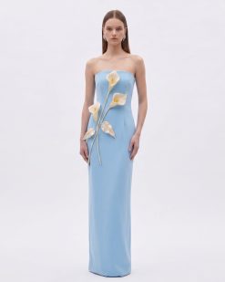 Floral Appliqué Strapless Dress - Light Blue