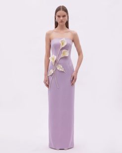 Floral Appliqué Strapless Dress - Purple