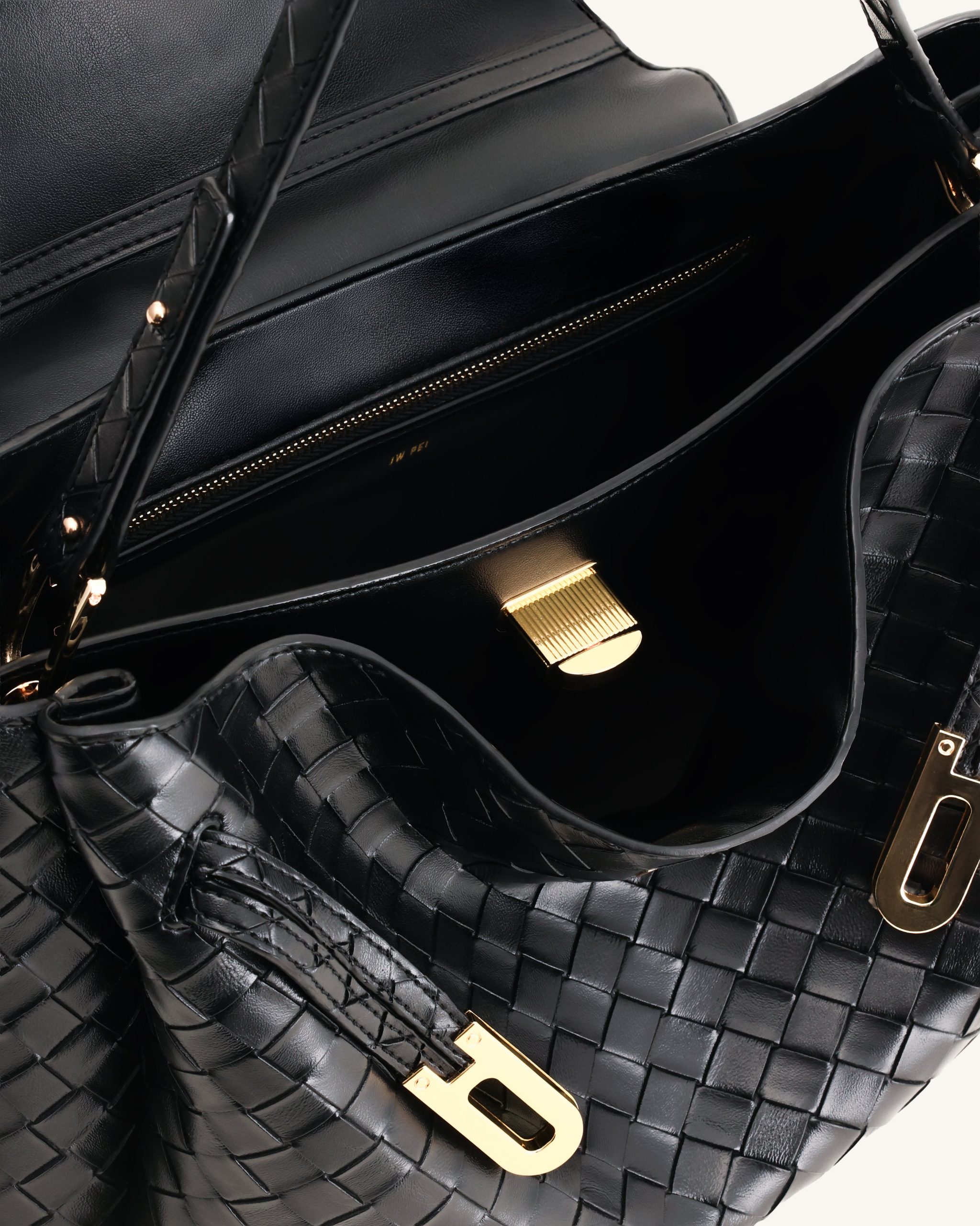 Rhea Large Woven Textured Shoulder Bag - Black - Image 4