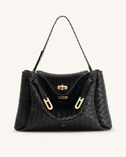 Rhea Large Woven Textured Shoulder Bag - Black