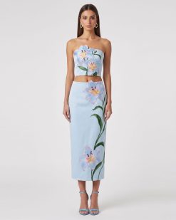 Lily Floral Embroidered Strapless Corset Top - Light Blue