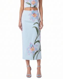 Alternative view of Lily Floral Embroidered High Waist Pencil Midi Skirt - Light Blue