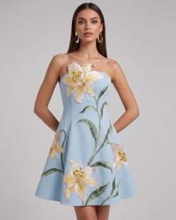 Lily Floral Print Strapless A-Line Mini Dress - Light Blue