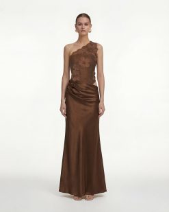 Floral One Shoulder Satin Dress - Brown
