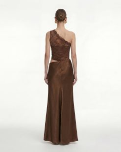 Alternative view of Floral One Shoulder Satin Dress - Brown