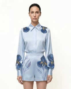 Alternative view of Iris Embroidered Collared Long Sleeve Shirt - Light Blue