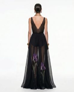 Alternative view of Sheer Floral Print Maxi Dress - Black