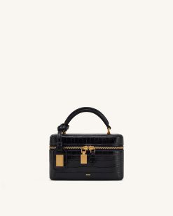 Cleo Box Shape Top Handle Bag - Black Croc