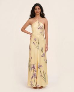 Iris Print Cross-Halter Open-Back Maxi Dress - Yellow