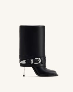 Emilia Western Buckled Leather Stiletto Boots - Black