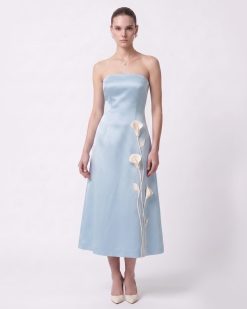 Floral Appliqué Strapless Midi Dress - Light Blue