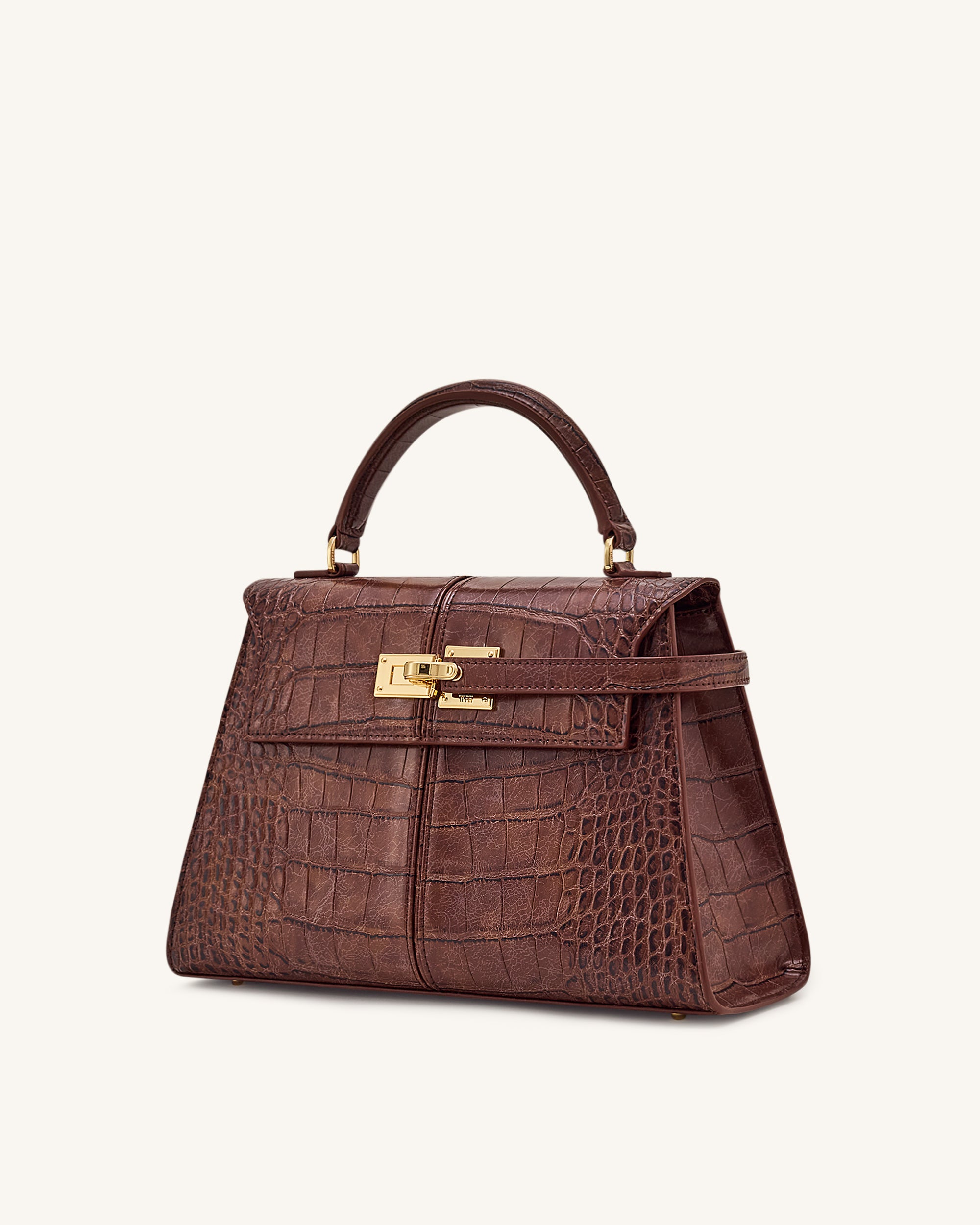 Elise Large Croc-Embossed Top Handle Bag - Chestnut Brown - Image 2