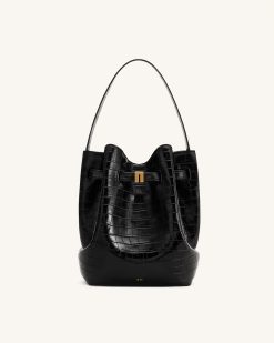 Clara Lock Accent Bucket Shoulder Bag - Black Croc