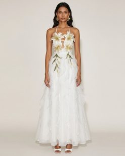 Lily-Embroidered Embroidered Halter Tiered Maxi Dress - White