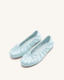 Solenne Ruched Drawstring Satin Ballet Flats - Blue